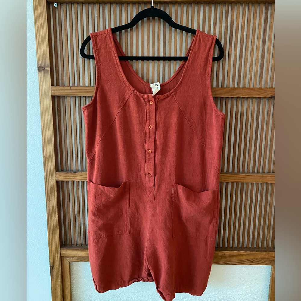 Eve Gravel Linen Shorts Romper in Clay - Picture 3 of 14